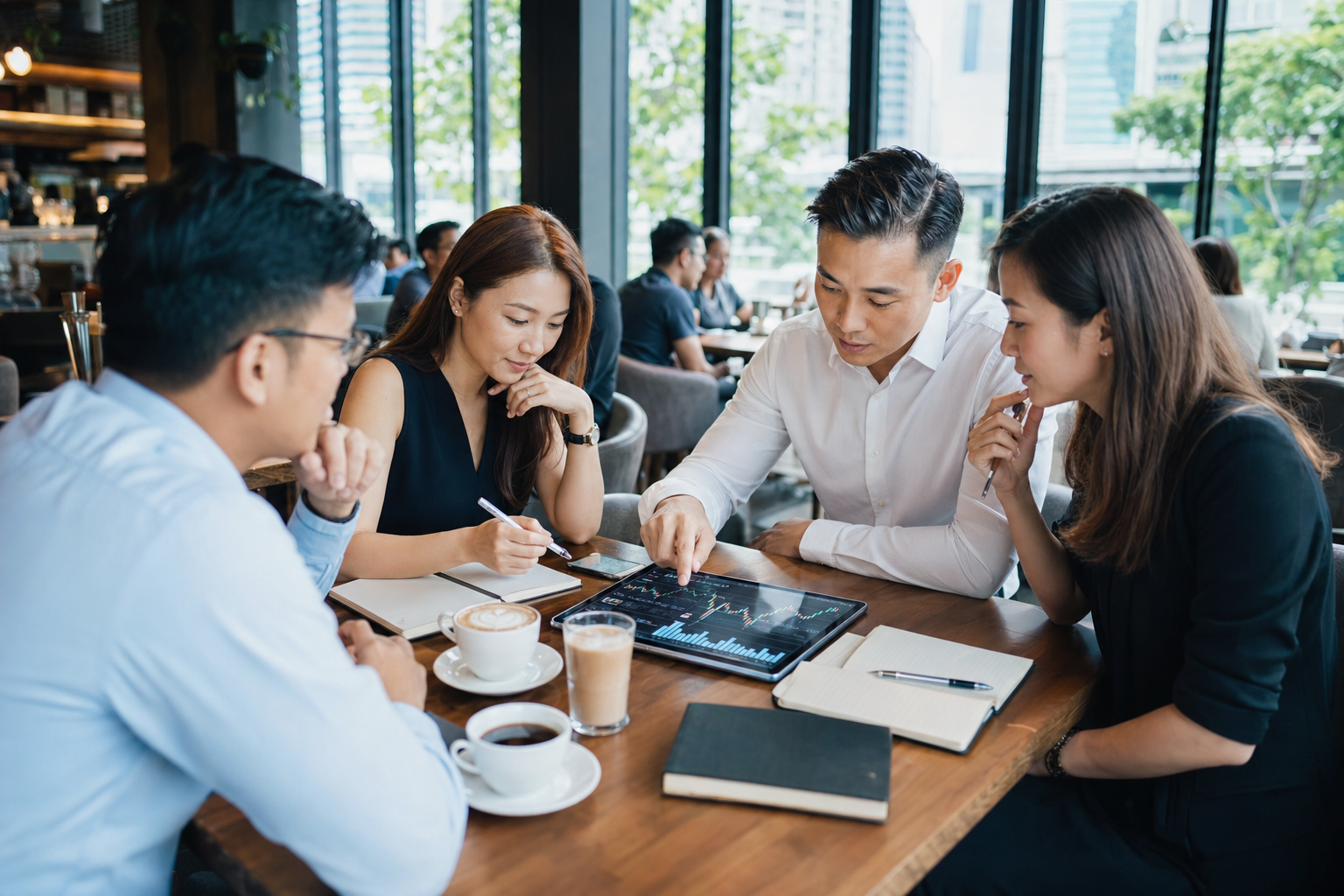 Singapore investors reviewing market ideas together