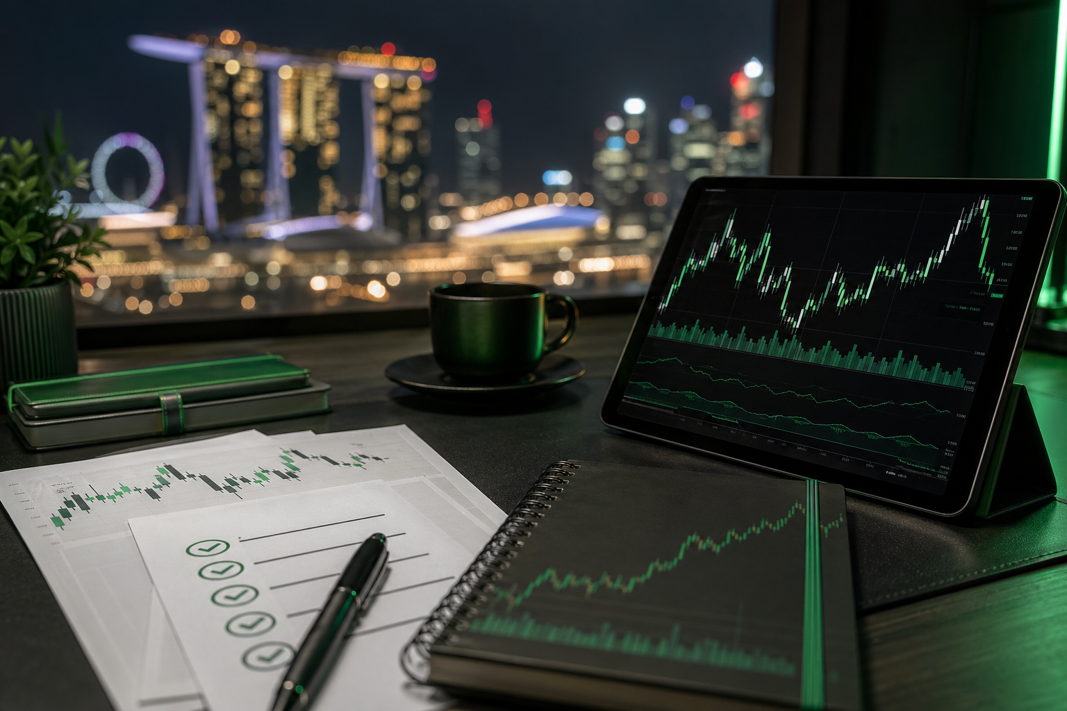 Market analysis desk with risk checklist and charts
